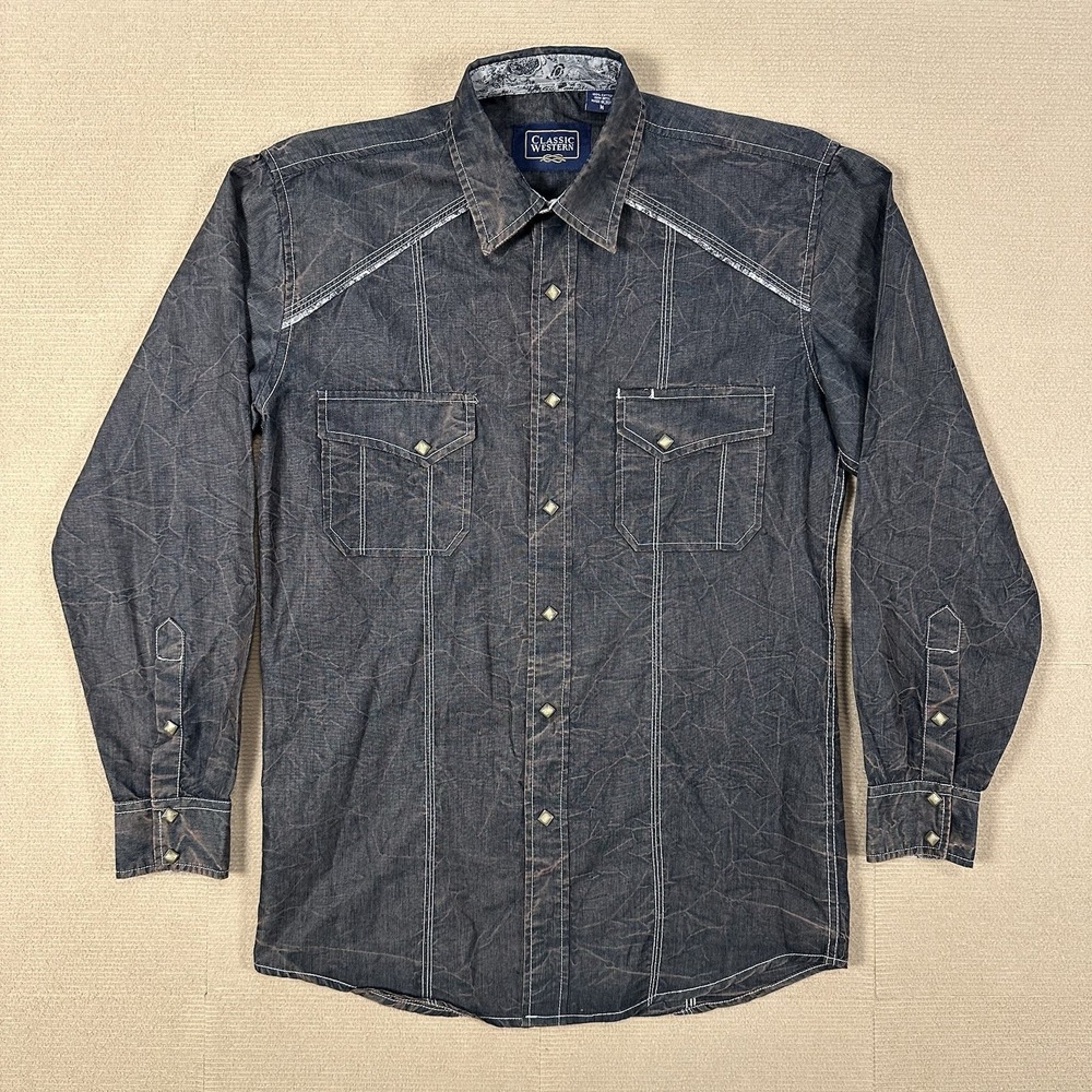Classic Western Pearl Snap Shirt Mens M Marbled Wash Cowboy Rodeo Paisley Trim